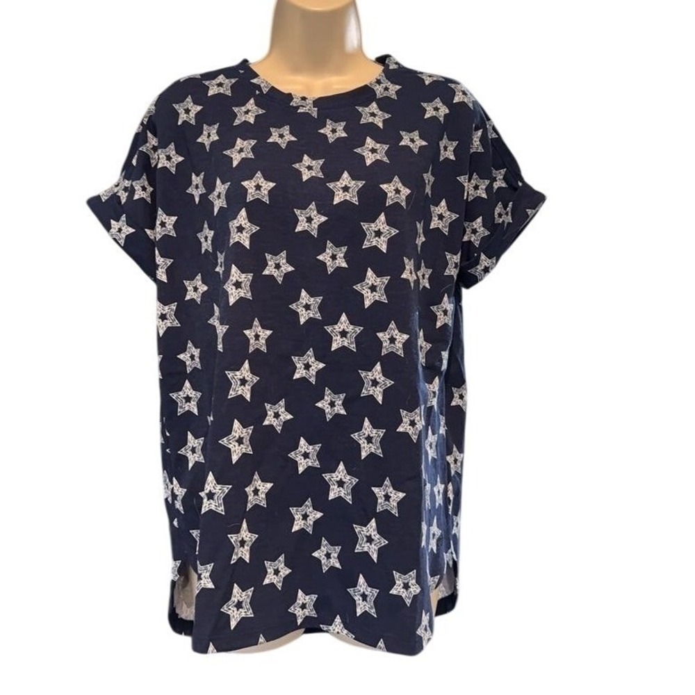 Crown & Ivy Navy Blue White Star Print T-Shirt Cuffed Sleeve High Low Hem Small